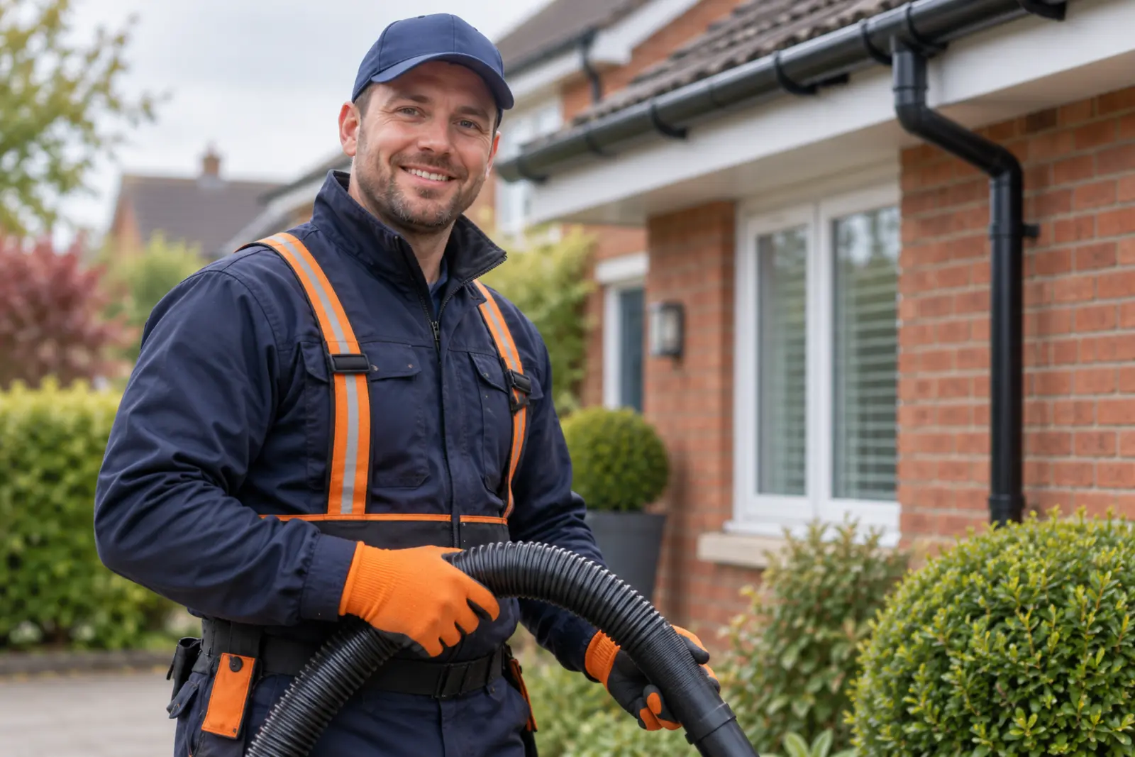 Illustrative guttering contractor in navy and orange workwear outside a red-brick home