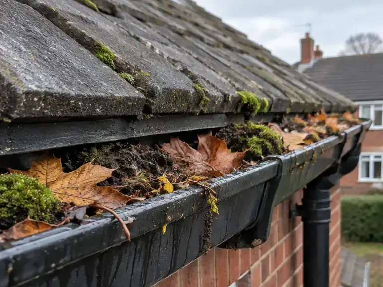 Black gutter filled with leaves and moss before cleaning on a red-brick UK house