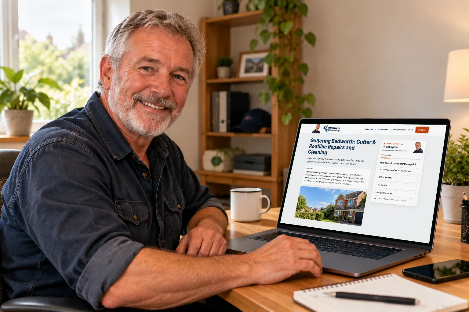 Smiling man at a desk looking at the Bedworth Guttering website on a laptop