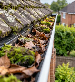 Autumn leaves and moss collected along a black gutter