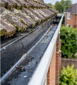 Freshly cleared black gutter running along a tiled roof edge